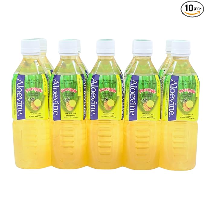 Aloevine Aloe Vera Drink Pineapple healthy juice pure with chunks of aloe l 16.9 oz. 10 pack l plant based Vegetable Korean drinks