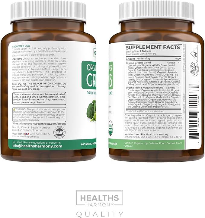 USDA Organic Super Greens Supplement - Organic Greens Fruits and Vegetable Supplement for Adults with 28 Superfood Complex with Superfruits Roots Herbs & More - Vegan & Non-GMO (Up to 1 Month Supply)