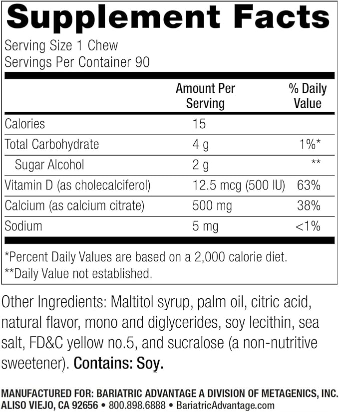 Bariatric Advantage Calcium Citrate Chewy Bites 500 mg - Highly Absorbable & Digestible - Vitamin D3 - Easily Chewable Calcium Supplement - Lemon Flavor - 90 Count