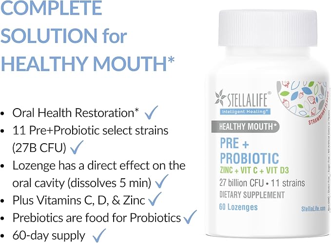 StellaLife Probiotics Oral PRE+PROBIOTICS LOZENGES: 27B CFU, 11 Strains, Dental Probiotics for Healthy Teeth/Gums, Bad Breath, VIT C & D, Zinc, Strawberry Flavor (60-Day Supply)
