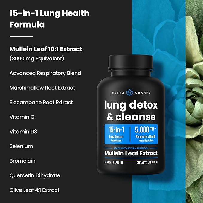 NutraChamps Mullein Leaf Extract for Lung Detox 3000mg Extra Strength Lung Cleanse for Smokers, Mullein Capsules Lung Support Supplement for Respiratory Lung Health