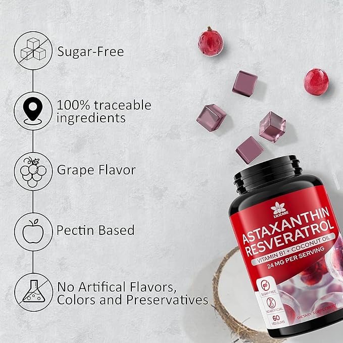 Sugar-Free Astaxanthin 24mg Gummies with Resveratrol, Vitamin B1, Coconut Oil - Powerful Antioxidants Supplement for Men & Women Healthy Aging, Skin, Eyes, Joints, Immune - Vegan, Non-GMO 120 Servings