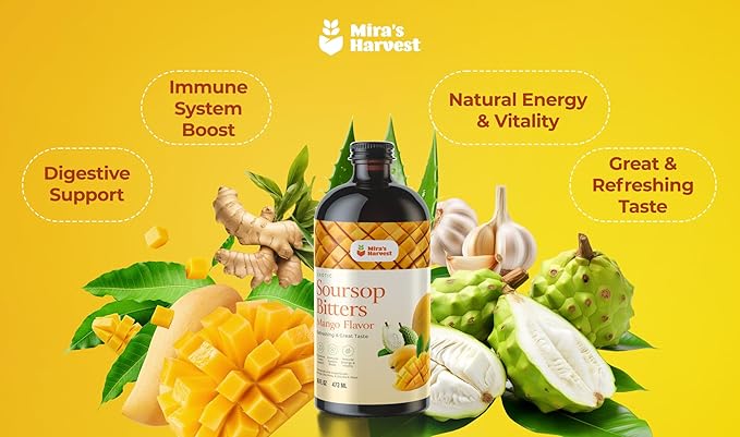 Mira's Harvest Soursop Bitters Liquid Mango Flavor, Premium Grade For Immune Boost, with Irish Moss, Burdock Root, African Mango 16oz