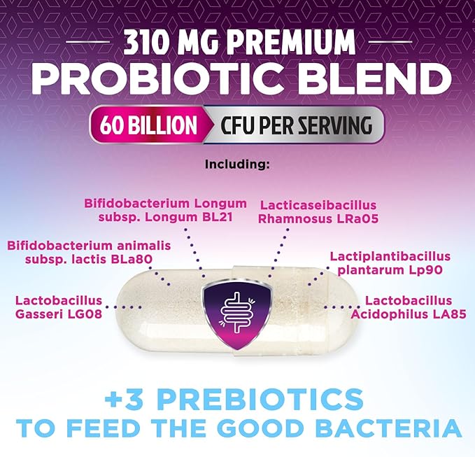 Probiotics 60 Billion CFU per Serving - 10 Strains + Prebiotics - Digestive Health, Gut & Immune Support - Supports Occasional Constipation, Gas & Bloating for Women & Men Shelf Stable - 180 Capsules