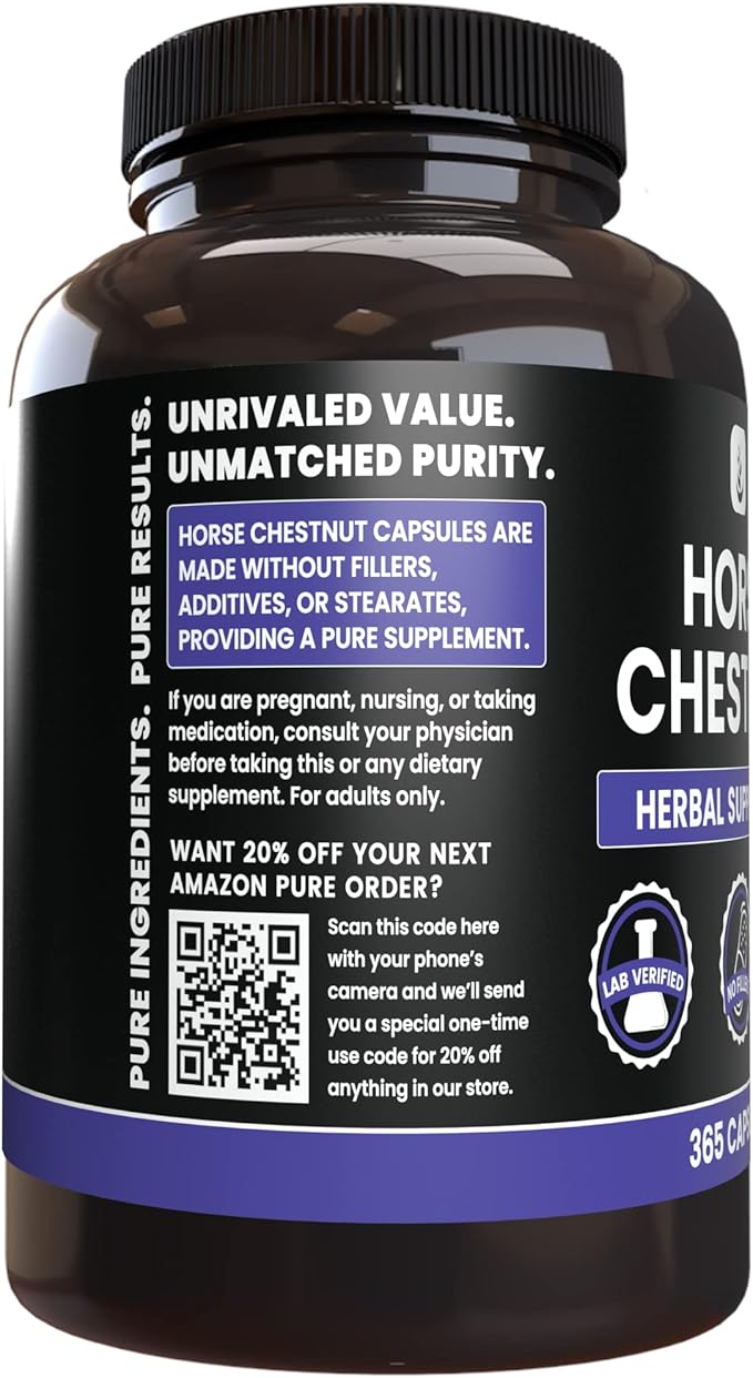 PURE ORIGINAL INGREDIENTS Horse Chestnut (365 Capsule), No Magnesium Or Rice Fillers, Always Pure, Lab Verified
