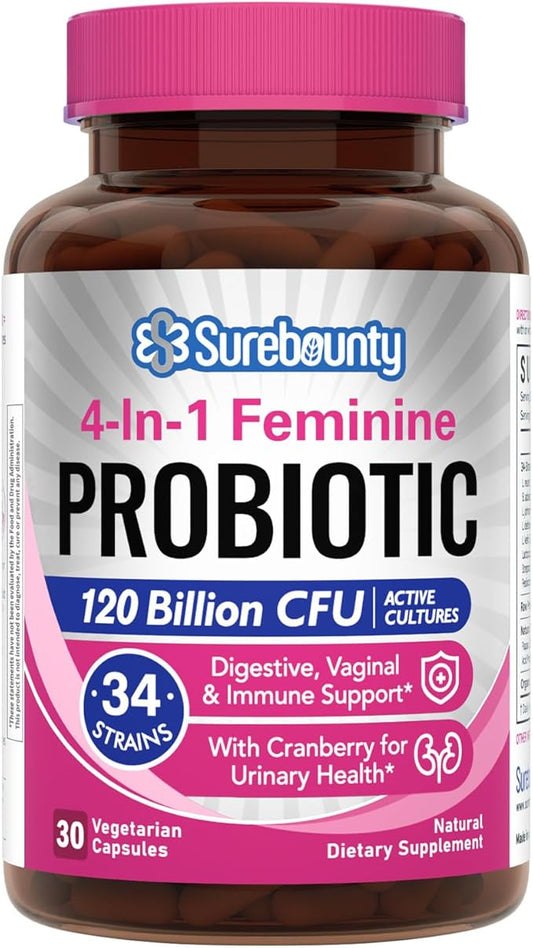 Probiotics for Women, 120 Billion CFU 34 Strains, Prebiotics, Digestive Enzymes, Cranberry, 4-in-1 Feminine Probiotic, Digestive, Vaginal, Immune Support, 30ct