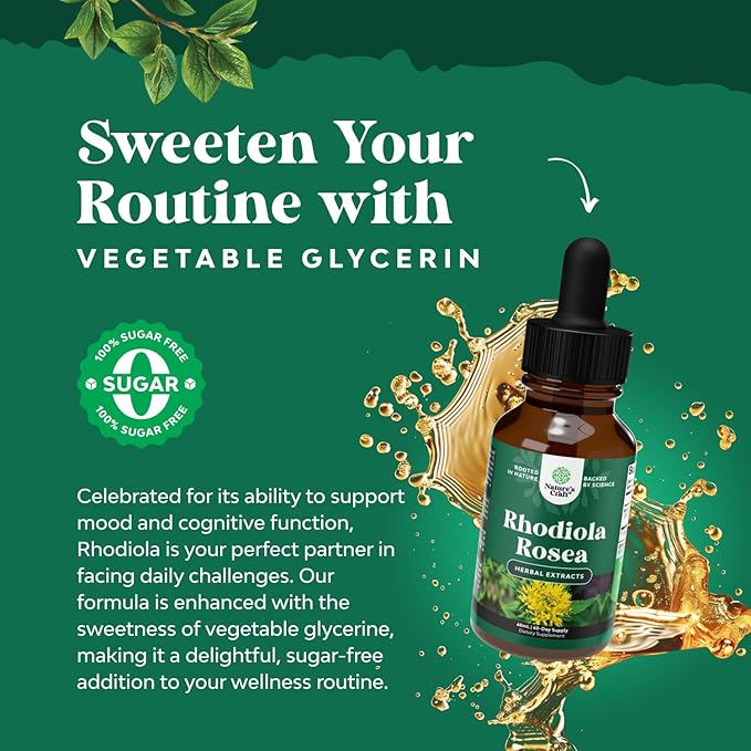 Natures Craft High Potency Rhodiola Rosea Tincture -Liquid Rhodiola Supplement for Stress Energy and Mood Support with 3% Salidrosides Rosea Extract - Vegan Non-GMO & Alcohol-Free (60 Servings)