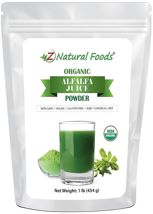 Z Natural Foods Organic Alfalfa Juice Powder, Green Grass Superfood Powder, Mix in Smoothies, Drinks, Recipes - Raw, All Natural, Non GMO, Vegan, Gluten Free - 1 lb