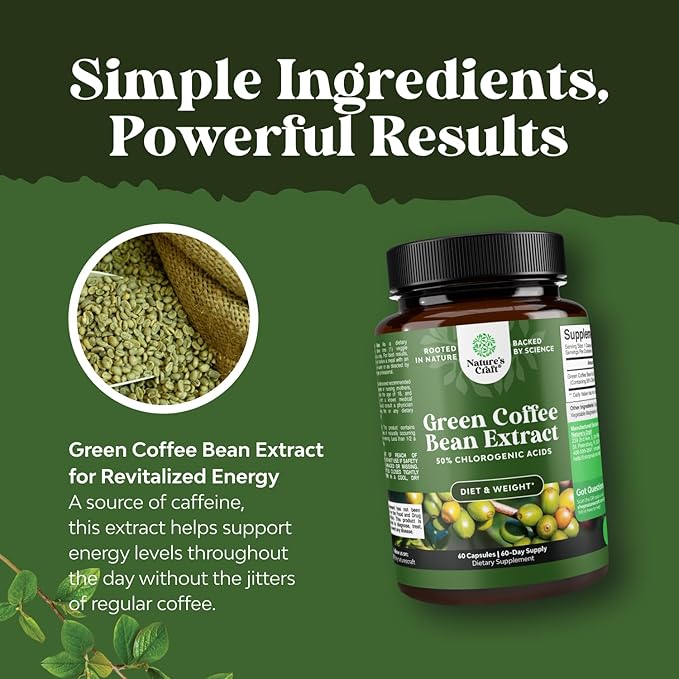 Pure Green Coffee Bean Extract - Super Energizing Green Coffee Extract with 50% Chlorogenic Acid for Antioxidant Heart Health Mental Focus and Size Reduction - Natural Energy Supplement for Adults