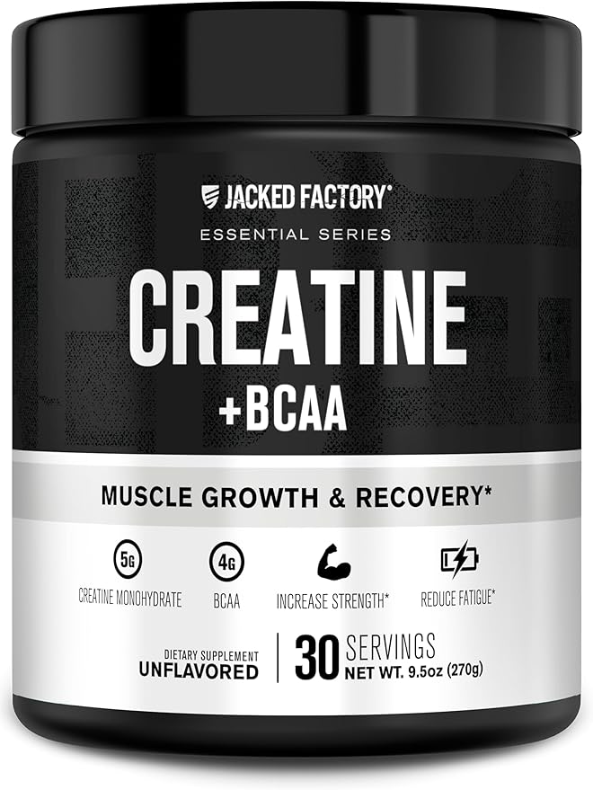 Jacked Factory Creatine + BCAAs - Creatine Monohydrate + BCAA Powder for Increased Post-Workout Recovery, Performance, Lean Muscle Growth, & Reduced Fatigue - 30 Servings, Unflavored