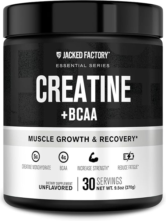 Jacked Factory Creatine + BCAAs - Creatine Monohydrate + BCAA Powder for Increased Post-Workout Recovery, Performance, Lean Muscle Growth, & Reduced Fatigue - 30 Servings, Unflavored