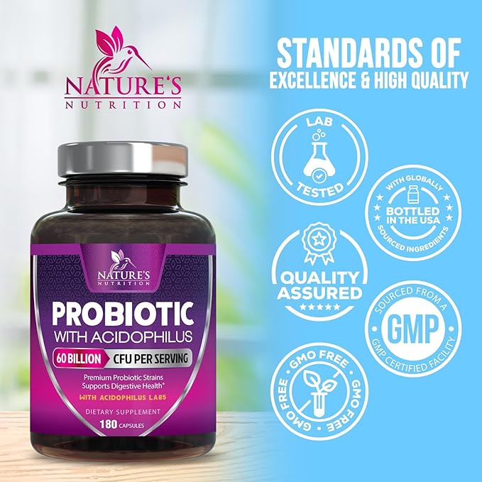 Probiotics 60 Billion CFU per Serving - 10 Strains + Prebiotics - Digestive Health, Gut & Immune Support - Supports Occasional Constipation, Gas & Bloating for Women & Men Shelf Stable - 180 Capsules