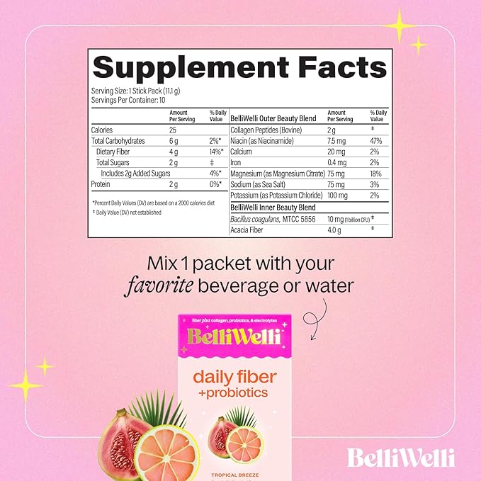 Fiber Supplement, Probiotics Fiber Powder Travel Pack for Women with Collagen & Electrolytes for Daily Gut Health & Debloating, Tropical Breeze, 10 Packets