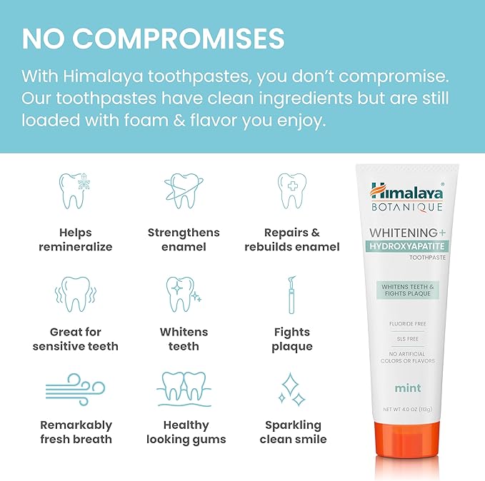 Himalaya Botanique Whitening + Hydroxyapatite Toothpaste for Whiter Teeth & Fresher Breath, Fights Plaque with Hydroxyapatite Support & Mint Flavor, Fluoride Free, SLS Free, & Vegan, 4.0 oz, 2 Pack