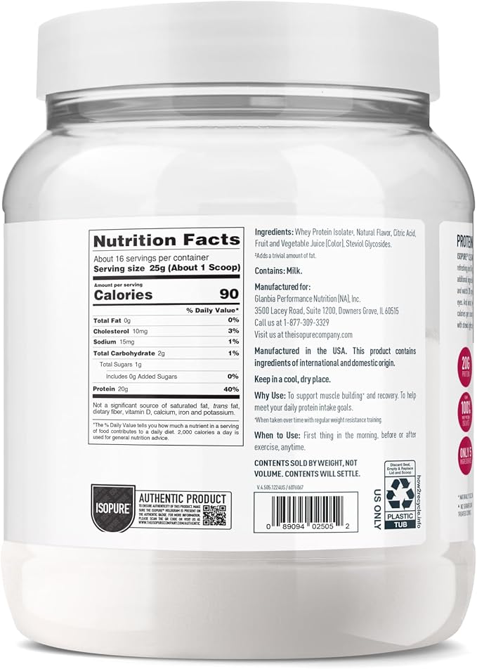 Isopure Clear Whey Isolate Protein Powder, Lactose Free, Gluten Free, Naturally Flavored, Mixed Berry, 20g Protein Per Serving, 14.1 Oz, 16 Servings (Packaging May Vary)