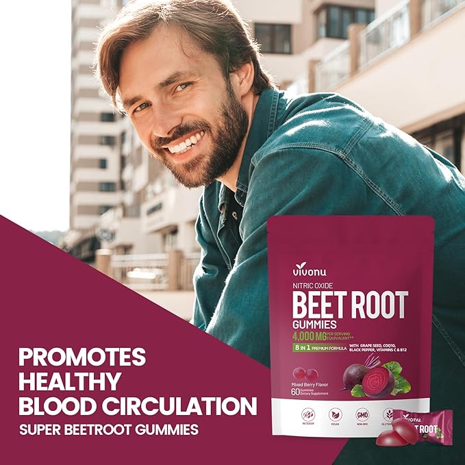 Super Beetroot Gummies 8-in-1 Premium Energy Supplement with CoQ10, Beetroot Extract, Grape Seed Extract, Black Pepper Extract, Vitamins C & B12, L-Arginine & L-Citrulline