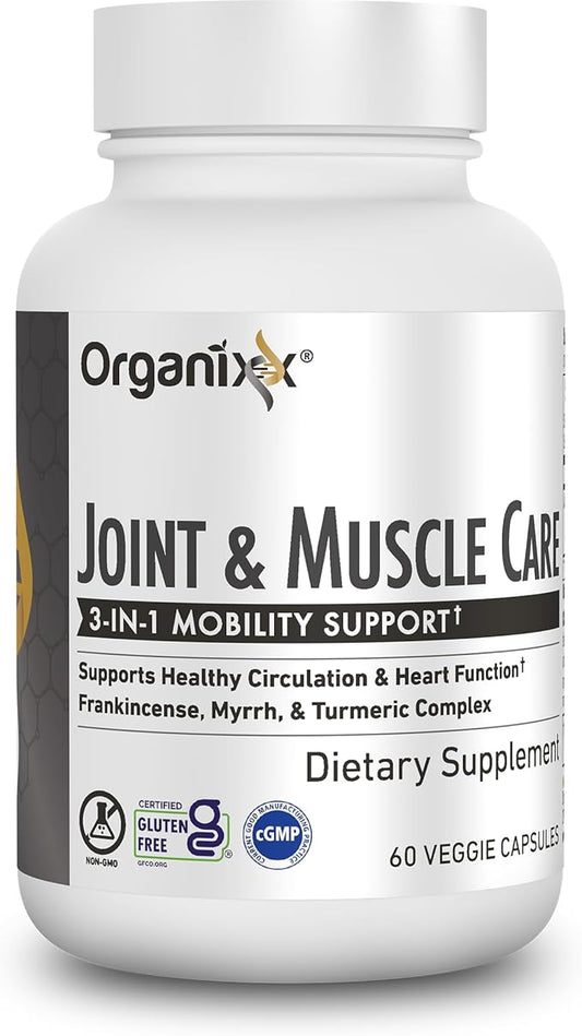 Organixx Joint & Muscle Care Organic Turmeric Supplement, 3-in-1 Frankincense, Turmeric and Myrrh Joint Health & Joint Support Supplement Body Care Capsules, Supports Swelling, Tension, 60 Capsules