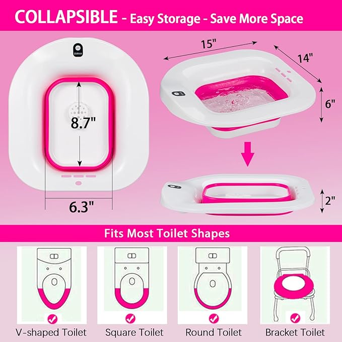 Electric Sitz Bath, Sitz Bath for Hemorrhoids, Sitz Bath for Postpartum Care, Toilet Seat Basin for Women, Yoni Hip Bath Pan, Sits Bath Soak Salts Bowl, Vaginal Wash Tub, Foldable, Pink