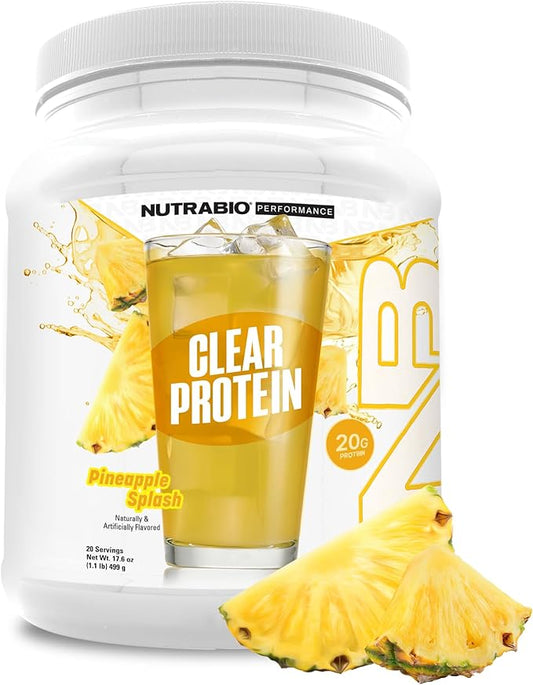 NutraBio Clear Protein Powder, Pineapple Splash - 20 Servings, 20g Clear Whey Protein Isolate, 0 Sugar, 0g Lactose, Refreshing Fruit Flavors, GLP1 Support - Bone Health - Muscle Post Workout Recovery