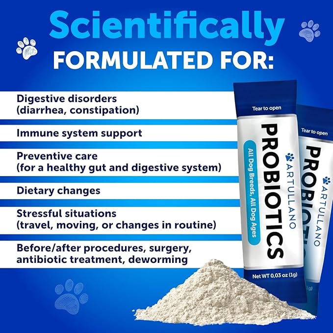 Probiotic Powder for Dogs - Support Gut Health, Itchy Skin, Allergies, Immunity, Yeast Balance - Dog Probiotics and Digestive Enzymes with Prebiotics - Reduce Diarrhea, Gas - 30 Probiotic Sticks