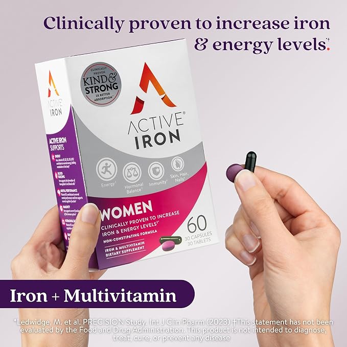 Iron Supplement 25mg + Multivitamin for Women – Clinically Proven to Increase Energy & Reduce Tiredness – Gentle, Non-Constipating Iron + Women’s Multivitamin – 60 Capsules + 60 Tablets