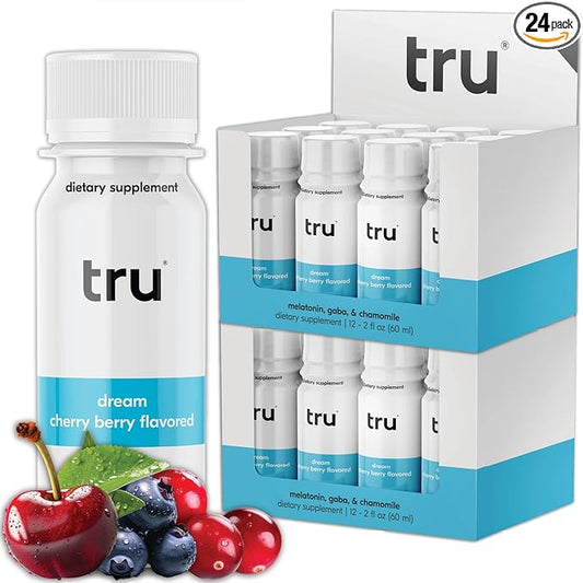 Tru Dream Shot, Cherry Berry Flavored Deep Sleep Aid Shots - Zero Sugar Calm Sleep Drink plus Melatonin, GABA, Chamomile - Caffeine Free, GF, Keto, Natural Flavors, Vegan Supplement, 2oz (Pack of 24)