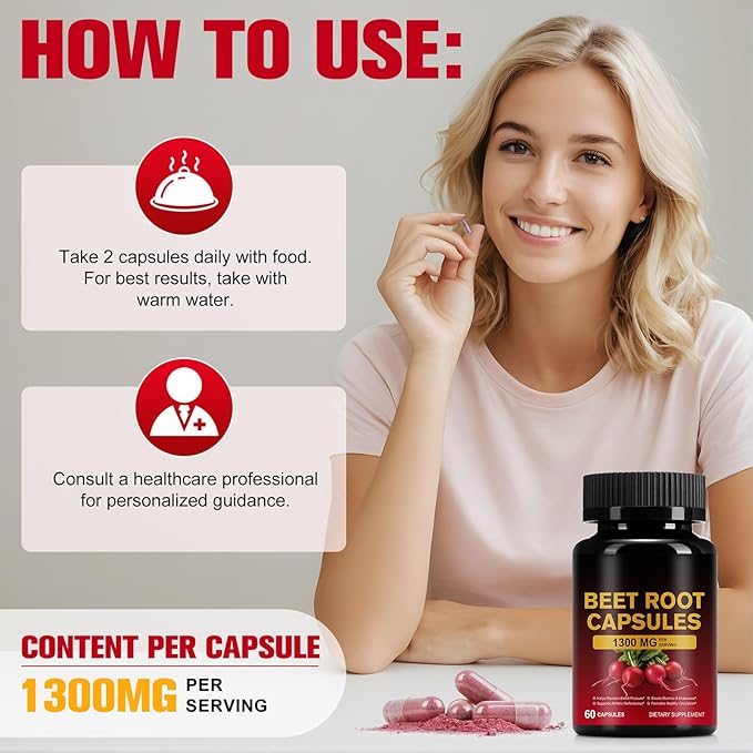 Beetroot Capsules, 100% Pure Natural 1300mg Beetroot Extract Capsules for Helping Maintain Blood Pressure-Non GMO, Veagn Friendly-Support Supplement