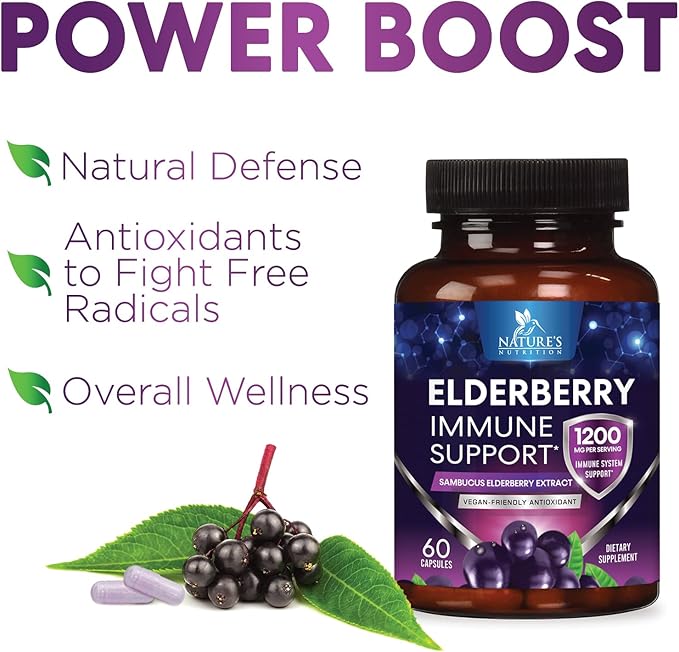 Elderberry Immune Support 1200mg Extract Capsules - Daily Immune Support for Adults with Concentrated Sambucus Black Elderberry Antioxidant - Gluten Free Vitamin, Non-GMO Supplement - 60 Capsules