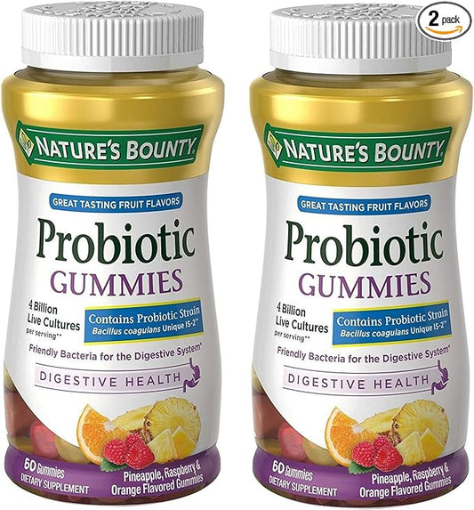 Probiotic Gummies by Nature's Bounty, Dietary Supplement, For Digestive Health, Natural Fruit Flavors, 2 Pack, 120 Gummies