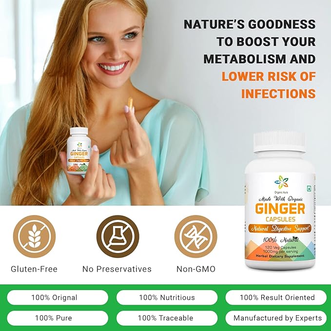 Organic Aura Ginger Capsules - 120 Veg Capsules. 2 Month Supply. Naturally Boosts Digestion, Relief Stomach Upset and Improves Immunity. No GMO and Gluten Free.