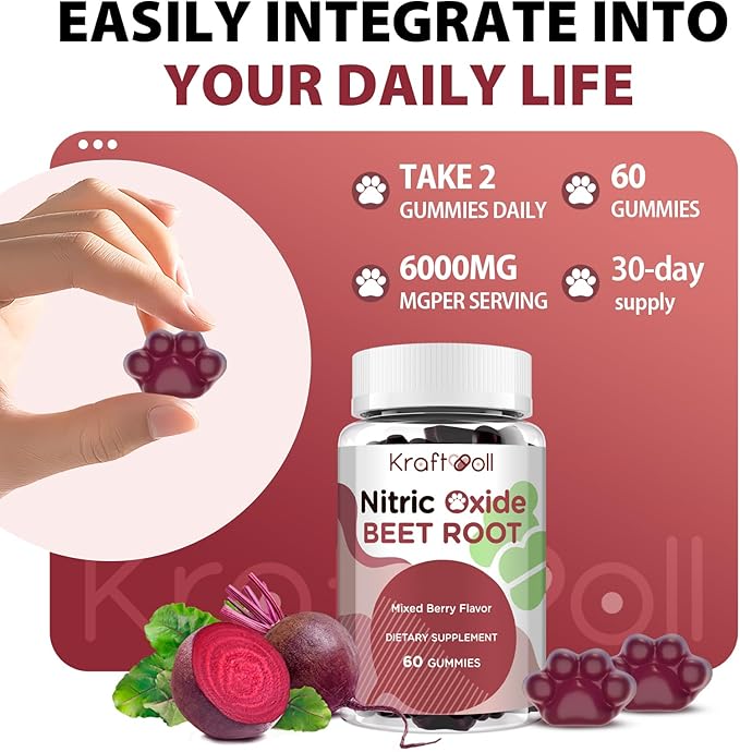 Nitric Oxide Beet Root Gummies – Sugar-Free Beet Chewables, Mixed Berry Flavor with Grapeseed Powder, Pomegranate, Vitamin C & B12 – Nitric Oxide Supplements for Men – 60 Gummies (2 Bottles)