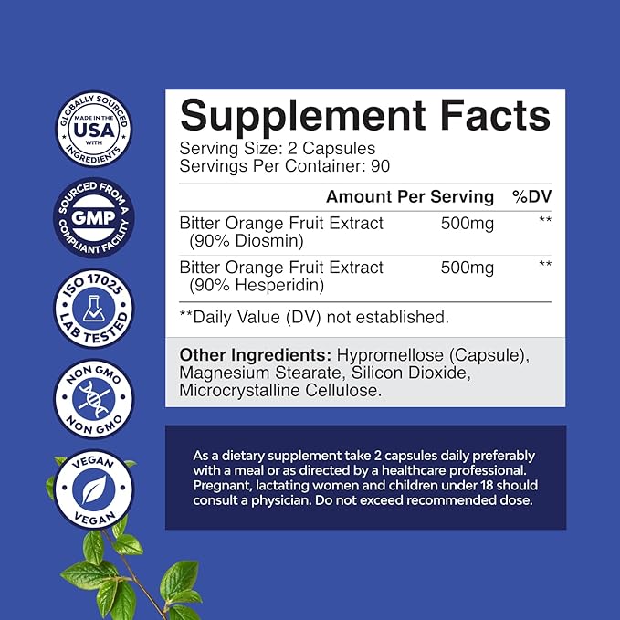 Diosmin Hesperidin 1000mg Complex for Circulation - Hesperidin & Diosmin Complex 1000mg from Bitter Orange for Vein Support - ISO 17025 Lab Tested - Vegan Non-GMO & Gluten Free (3 Month Supply)