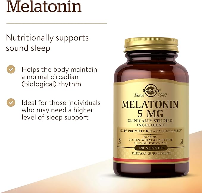 Solgar Melatonin 5 mg, 120 Nuggets - Helps Promote Relaxation & Rest - Clinically Studied Melatonin - Vegan, Gluten Free, Dairy Free, Kosher - 120 Servings