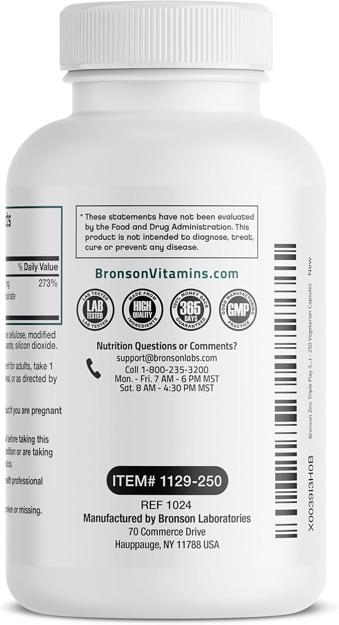 Bronson Zinc Triple Play 30mg Triple Coverage Immune Support with Zinc Acetate, Picolinate & Orotate - Immune, Antioxidant & Skin Health Support - 250 Vegetarian Capsules