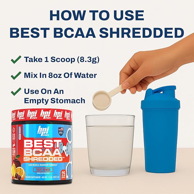 BPI Sports Best BCAA Shredded - Caffeine Free Thermogenic Recovery Drink, Lean Muscle Building BCAA Powder for Women and Men, Preworkout BCAAs Amino Acids Drink- Fruit Punch - 25 Servings
