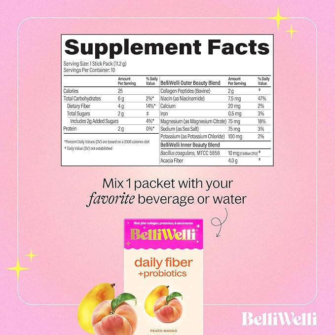 Fiber Supplement, Probiotics Fiber Powder Travel Pack for Women with Collagen & Electrolytes for Daily Gut Health & Debloating, Peach Mango, 10 Packets