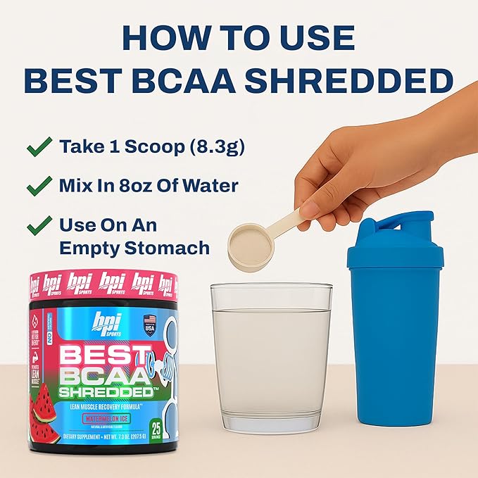 BPI Sports Best BCAA Shredded - Caffeine Free Thermogenic Recovery Drink, Lean Muscle Building BCAA Powder For Women and Men, Preworkout BCAAs Amino Acids Drink- Watermelon ICE - 25 Servings