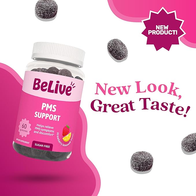 BeLive PMS Support Gummies Supplement – Helps Relieve PMS Symptoms – Hormonal Balance Mood Swings & Cramps Relief, Bloating Support – with Chaste Tree Extract - Strawberry Limonade Flavor – 60 Count