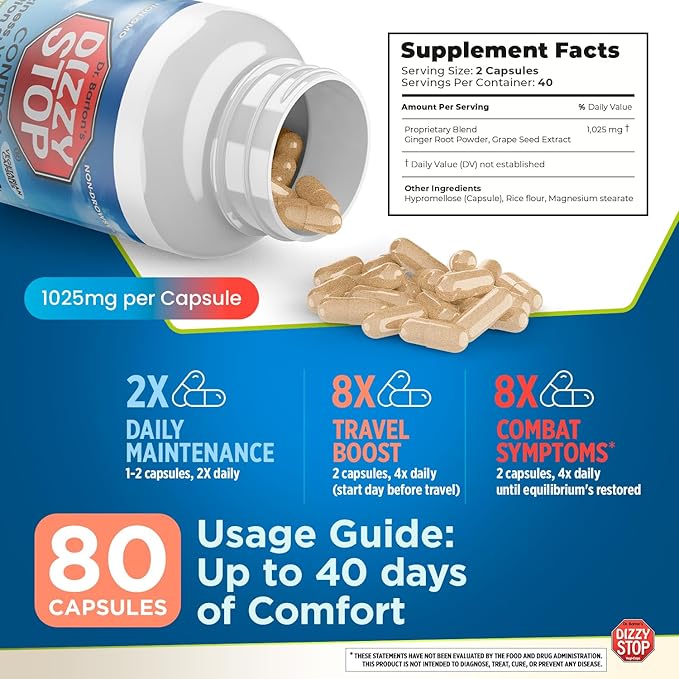 Vertigo Relief Product & Non‑Drowsy Motion Sickness Pills: Nausea and Dizziness, Ginger & Grape Seed Formula, Inner Ear Balance, Car, Cruise & Travel Essential, Stomach Support (80 Count – Pack of 2)