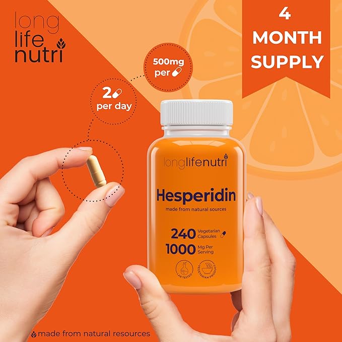 Hesperidin 1000mg, 240 Capsules (4 Month Supply), Supports Cardiovascular Health, Blood Pressure & Circulation, Immune Support, Potent Antioxidant & Vascular Function Benefits, Made in USA