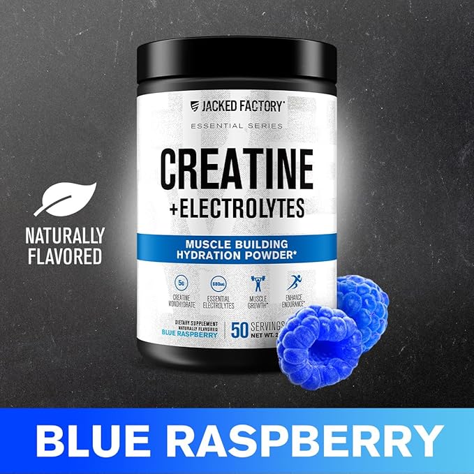 Jacked Factory Creatine + Electrolytes - Creatine Monohydrate with Taurine, Calcium, Sodium, & Potassium to Increase Muscle Growth, Strength, Hydration, & Endurance - 50 Servings, Blue Raspberry