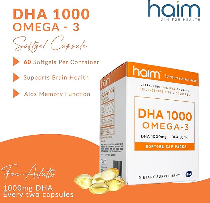 HAIM DHA 1000 Omega-3 Fish Oil - 90% Purity with 1000mg DHA, 50mg DPA - High Potency Fish Oil Supplement for Brain, Eye & Heart Support - Promotes Overall Wellness & Focus - 1 Box, 60 Softgels
