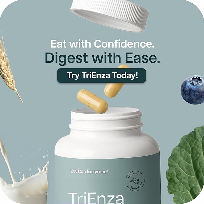 TriEnza Digestive Enzymes for Women and Men– Digestive Enzyme Supplements for Proteins, Carbs, Fats & Polyphenols Digestion – Help Break Down Wheat, Dairy, Soy & Meats - Health Supplement,90 Capsules