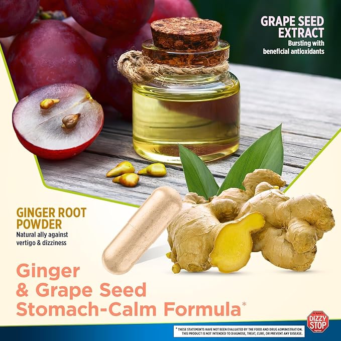 Vertigo Relief Product & Non‑Drowsy Motion Sickness Pills: Nausea and Dizziness, Ginger & Grape Seed Formula, Inner Ear Balance, Car, Cruise & Travel Essential, Stomach Support (80 Count – Pack of 3)