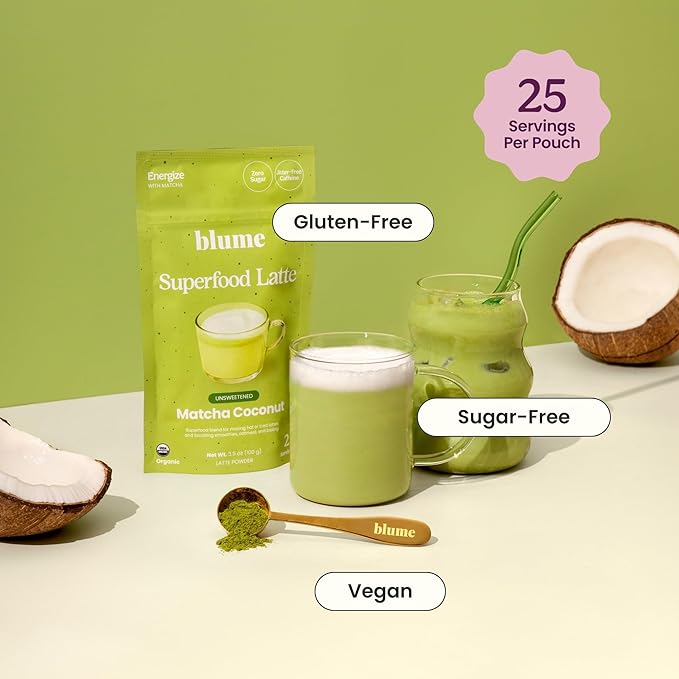 Blume Superfoods Latte - Matcha Powder with Coconut, Natural Caffeine, L-Theanine, All Day Energy & Focus, Sugar-Free, Moringa, Vegan, Organic Matcha Latte from Shizuoka Japan, Green Tea - 25 Servings