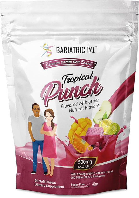 BariatricPal Sugar-Free Calcium Citrate Soft Chews 500mg with Probiotics (90 Count) - Tropical Punch