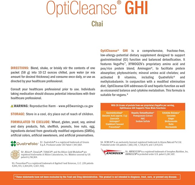 XYMOGEN OptiCleanse GHI Detox Cleanse - Vegan Protein Powder with Vitamins, Phytonutrients, Minerals to Aid Liver Detox, Cytokine Balance, & Gut Health Support - Chai (10 Packets)