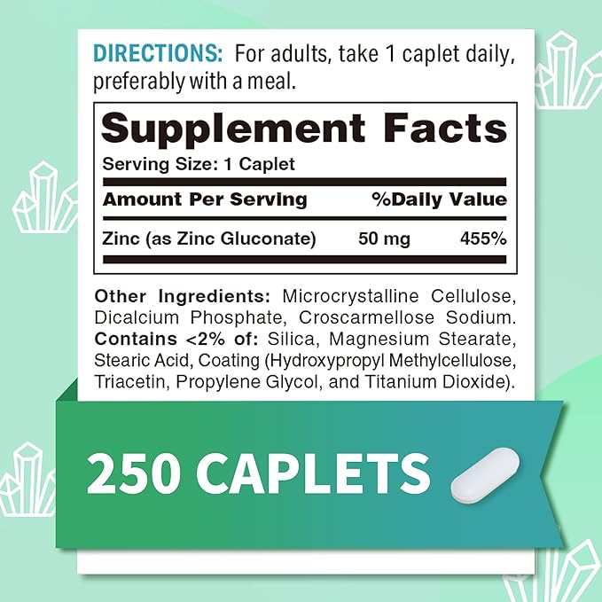 Vitamin World Chelated Zinc 50 mg - 250 Caplets, High Potency & Well Absorbed Chelated Zinc Supplement, Supports Immune, Skin & Antioxidant Health, Gluten-Free, 250 Days Supply