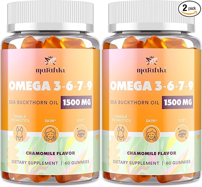 Omega-7 Sea Buckthorn Oil Gummies, Omega 3 6 7 9 Supplement for Women, Flaxseed Oil, Vitamins E, A & Probiotics - Skin, Eye & Dryness, Chamomile Flavor - 120 Gummies