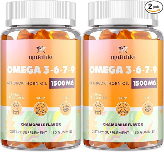 Omega-7 Sea Buckthorn Oil Gummies, Omega 3 6 7 9 Supplement for Women, Flaxseed Oil, Vitamins E, A & Probiotics - Skin, Eye & Dryness, Chamomile Flavor - 120 Gummies